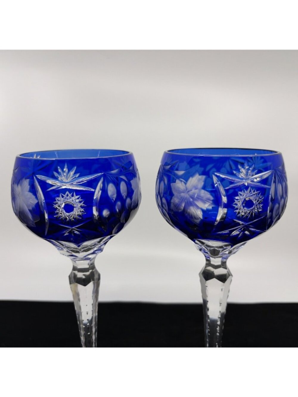 Vintage Ajka Marsala Cobalt Blue Tall Hock Wine Glasses Cut to Clear Pair 8" - Picture 2 of 8